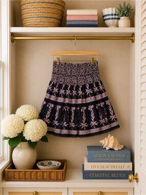 HUNTER BELL Black Mini Skirt with Pink Floral Embroidery